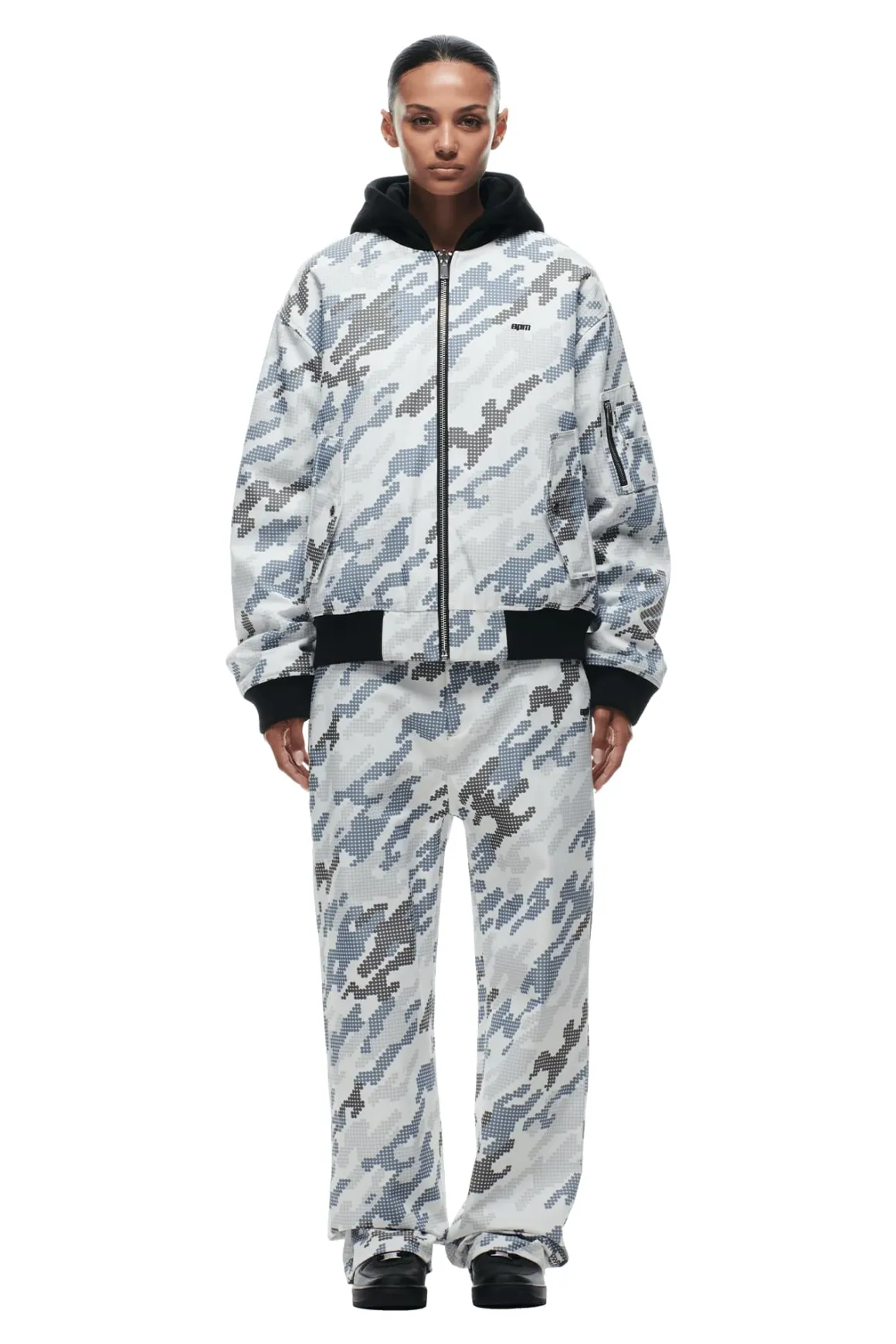 DOT CAMO HOODED BOMBER JACKET