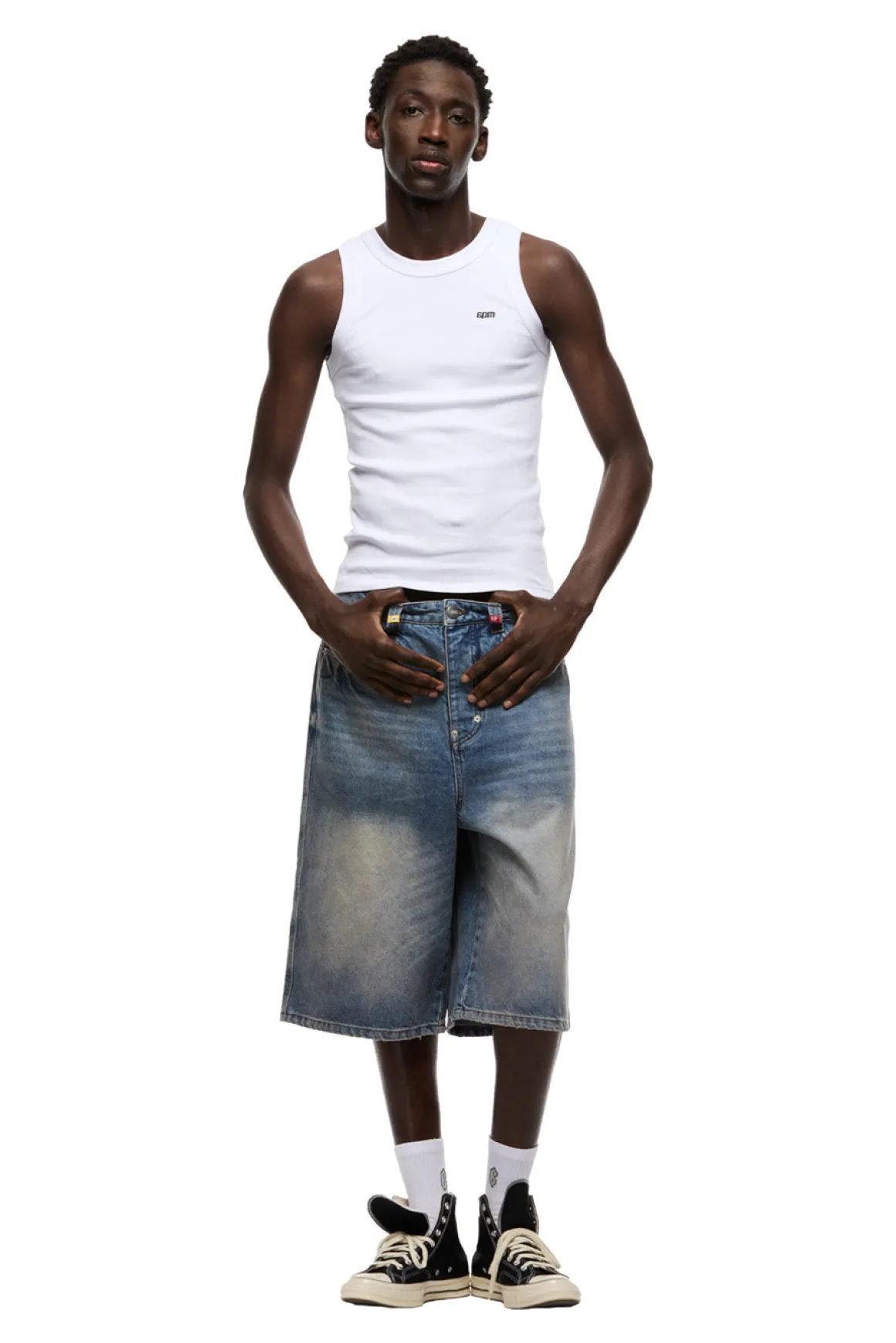 MULTI LABEL DENIM SHORTS MEDIUM BLUE