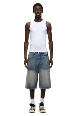 MULTI LABEL DENIM SHORTS MEDIUM BLUE