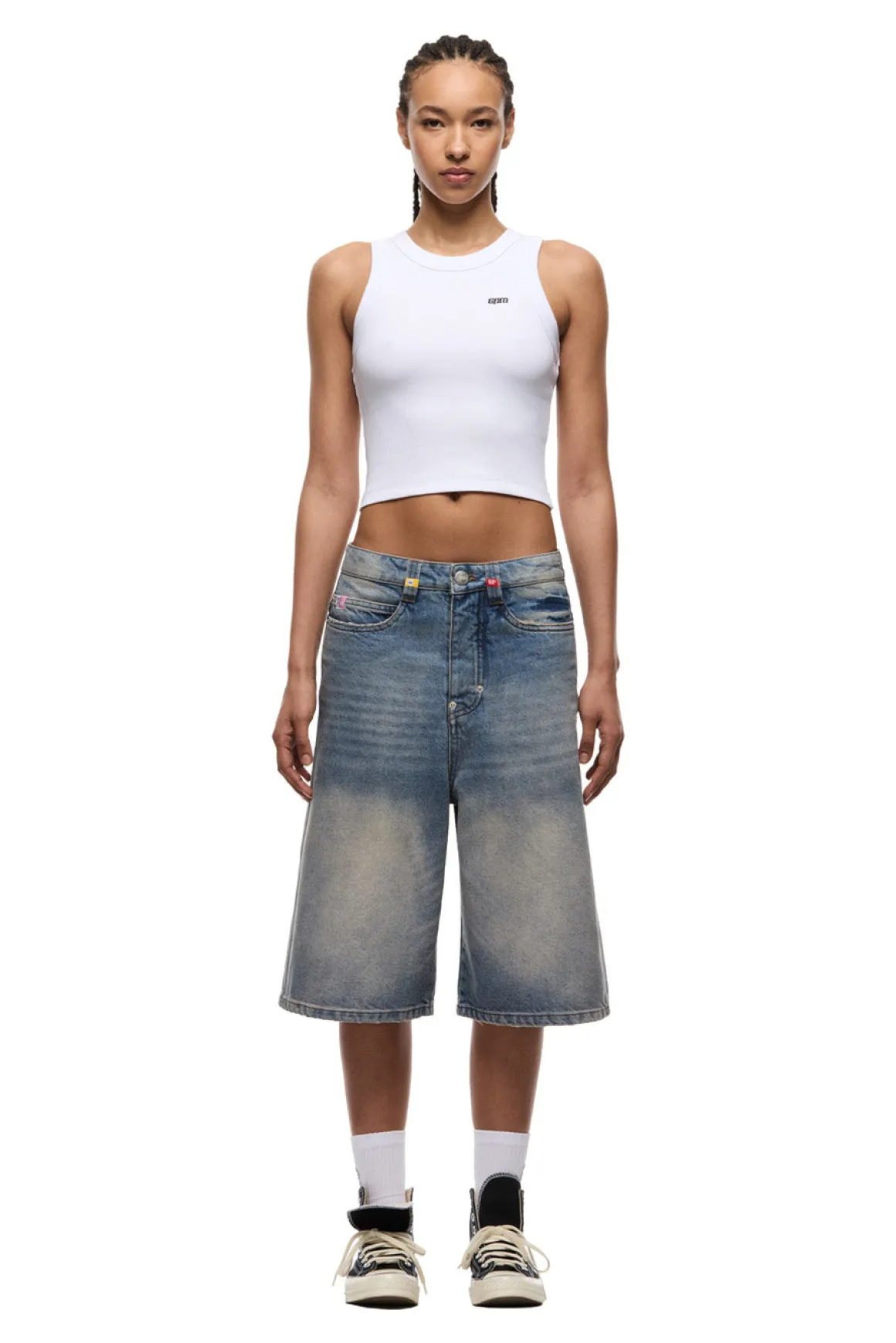 MULTI LABEL DENIM SHORTS MEDIUM BLUE