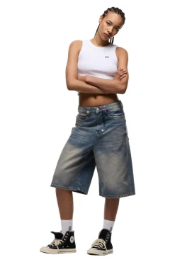 MULTI LABEL DENIM SHORTS MEDIUM BLUE