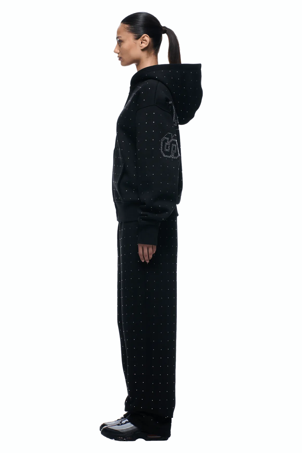 RHINESTONE LETTER ZIP HOODIE BLACK
