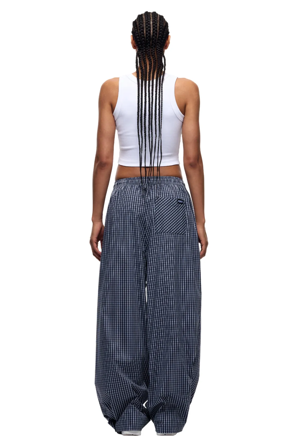 WIDE WOVEN CHECK PANTS DARK NAVY