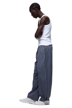 WIDE WOVEN CHECK PANTS DARK NAVY