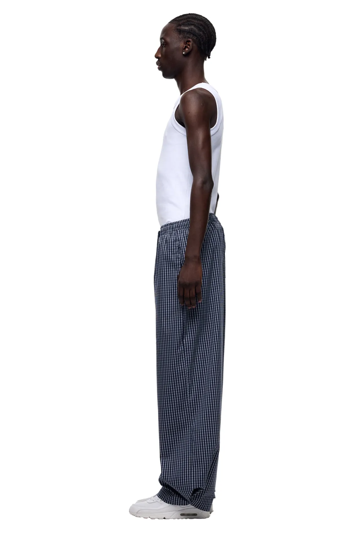 WIDE WOVEN CHECK PANTS DARK NAVY