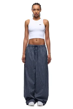 WIDE WOVEN CHECK PANTS DARK NAVY
