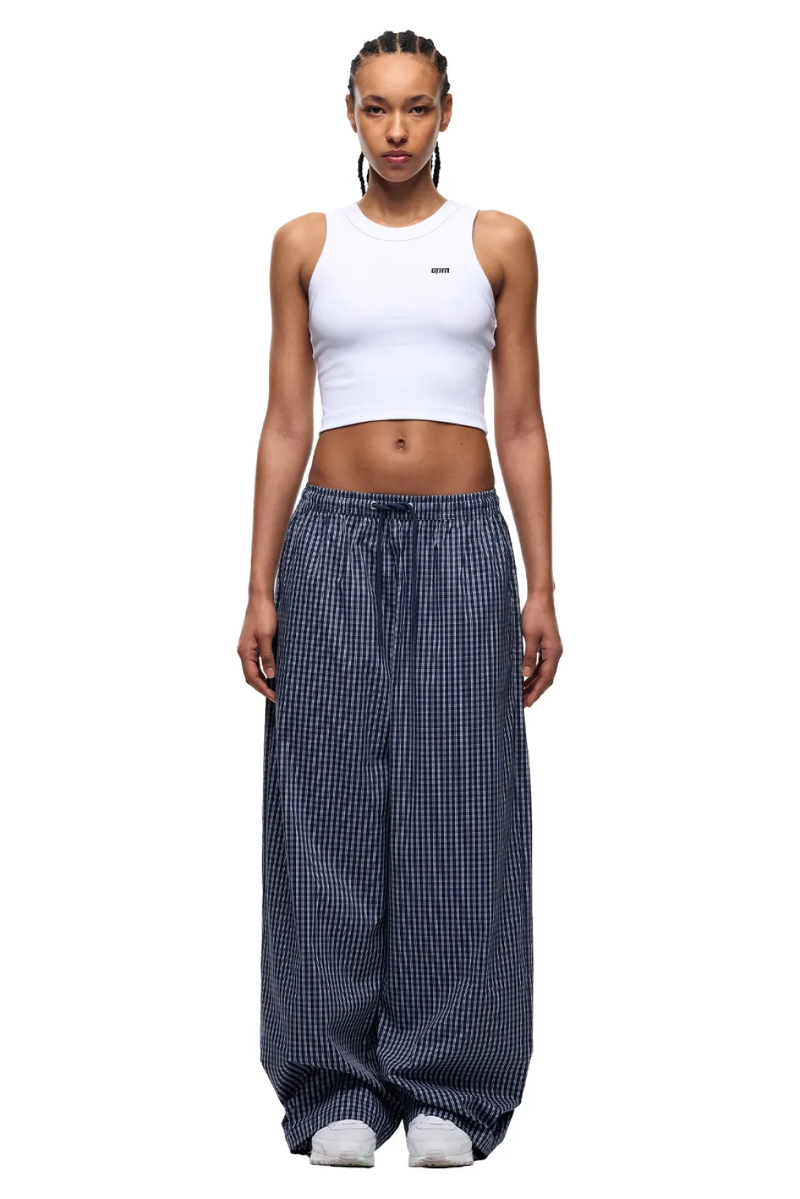 WIDE WOVEN CHECK PANTS DARK NAVY