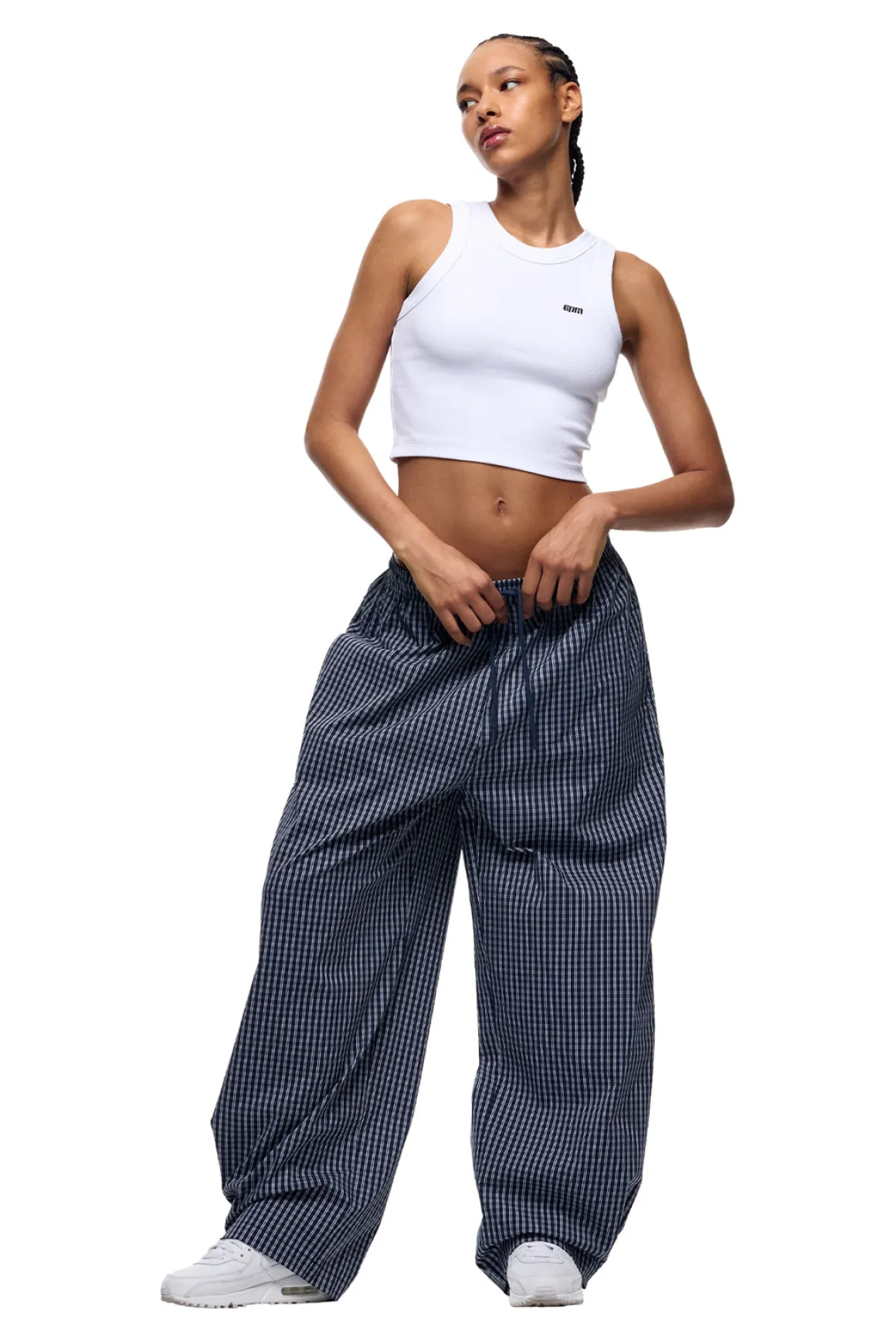 WIDE WOVEN CHECK PANTS DARK NAVY