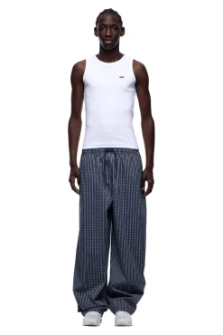 WIDE WOVEN CHECK PANTS DARK NAVY