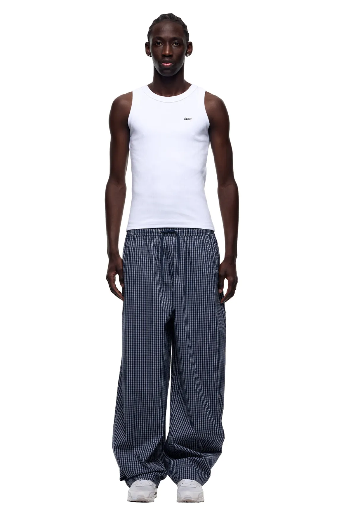 WIDE WOVEN CHECK PANTS DARK NAVY
